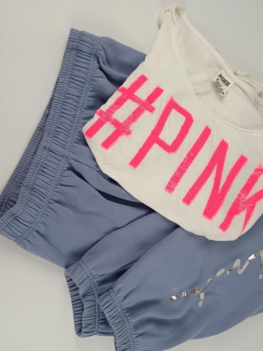 PINK Victoria's Secret White Tank with Neon Pink Logo & Light Blue Track Joggers